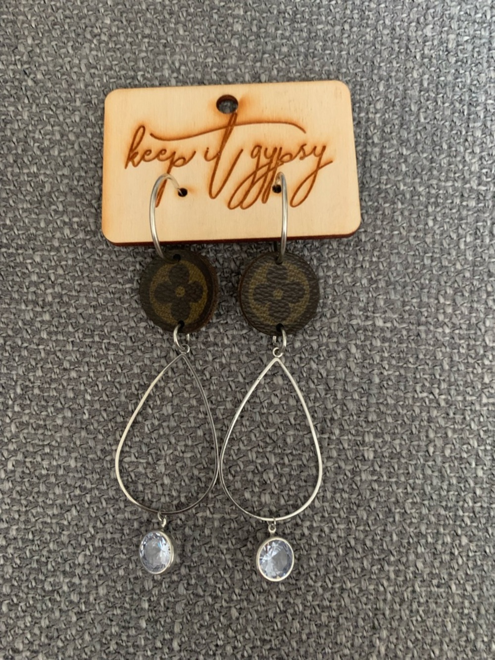Brown and Silver Leather Drop Earrings with Clear Crystal Dangle